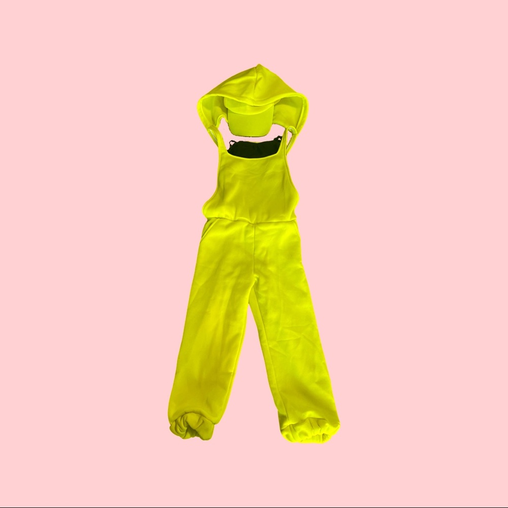 Yellow jumpsuit “get hype” complete with hat and black and yellow shorts bra